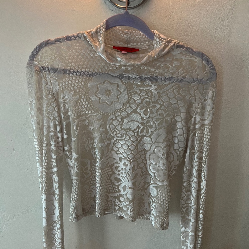 Eckhaus Latta white velour and sheer turtleneck top